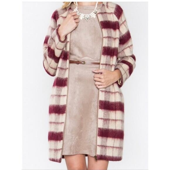 Sugar Lips Red Wool Blend Plaid Coat Full Zip Up Sophisticated Jacket Women's XS - Picture 1 of 10